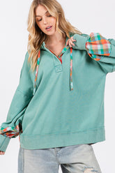 SAGE + FIG Full Size Plaid Print Mineral Wash Hoodie - Vintage Style & Comfort